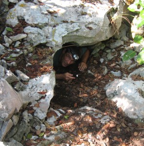 Retrieving a water sensor from a cave in the Bahamas.